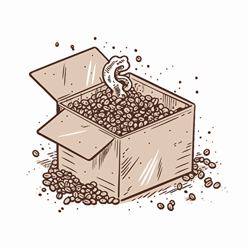 Open box with coffee beans piled and spilling out the top and sides, white background, line drawing illustration, vector, simple, minimalist