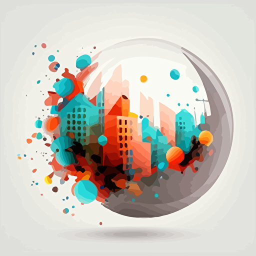 Several exploding transparent balls with a small town inside. Vector styling. Very colored. White background