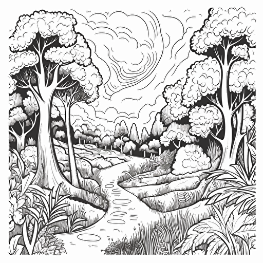 2d illustration, simple vector wonderful forest coloring page