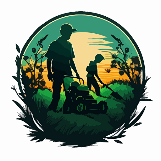 a vector art logo for landscape of 2 teenage boys mowing lawn and taking care of it