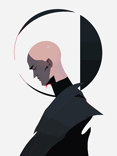minimalism, minimalism, minimalism, black, moon, bald assassin man in ethereal abstraction, simple vector art, contemporary Chinese art, color gradients, layered forms, whimsical animations, emotional faces, sharp shape