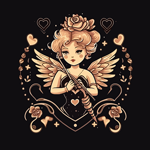 cute vector art cupid with bow and heart arrows in air black background
