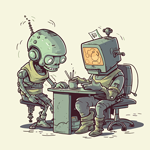 vector art cute data goblin getting poked with a pitchfork by a vector art cute data demon :: 2 computer/robot :: 1