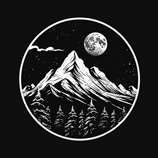 a vector monochromatic logo that includes a mountain and moon background