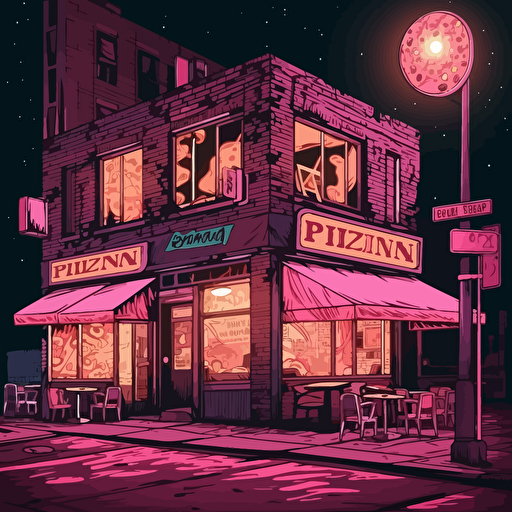a pizzeria diner in the city street at night illustration, night lights, pizza restaurant, 70s comic book cover, vector, magenta background, highly detailed