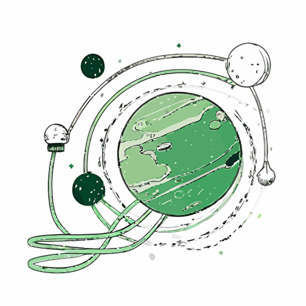 a disconnect plug wire floating around planets on an white background, in the style of light green and dark green, vector illustration, children's book illustration, black and white