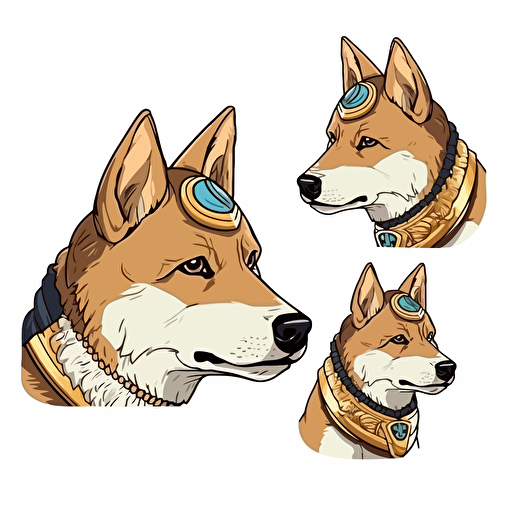 2/3 left side profile shot head and body, cartoon 2d, Shiba Inu pharaoh oufit, cartoon anime, Vector illustration, white background
