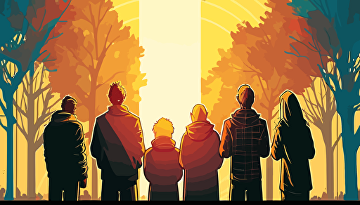 vector art, animated people, group, praying together, sunny background