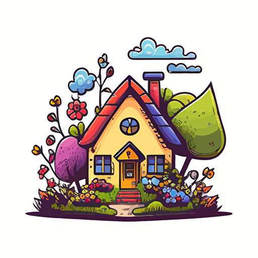 vector style, logo of a house. The top of the house is an attic bursting out from the building with a garden growing out of the top of the house. Cute cartoon, black outline colorful.