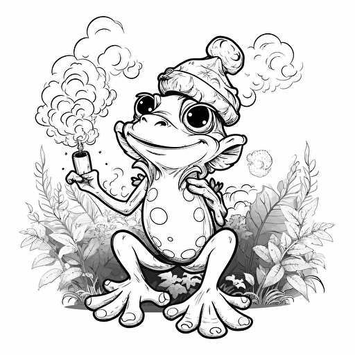 A cute frog smoking marijuana, disney cartoon style, black and white, coloring page, vector