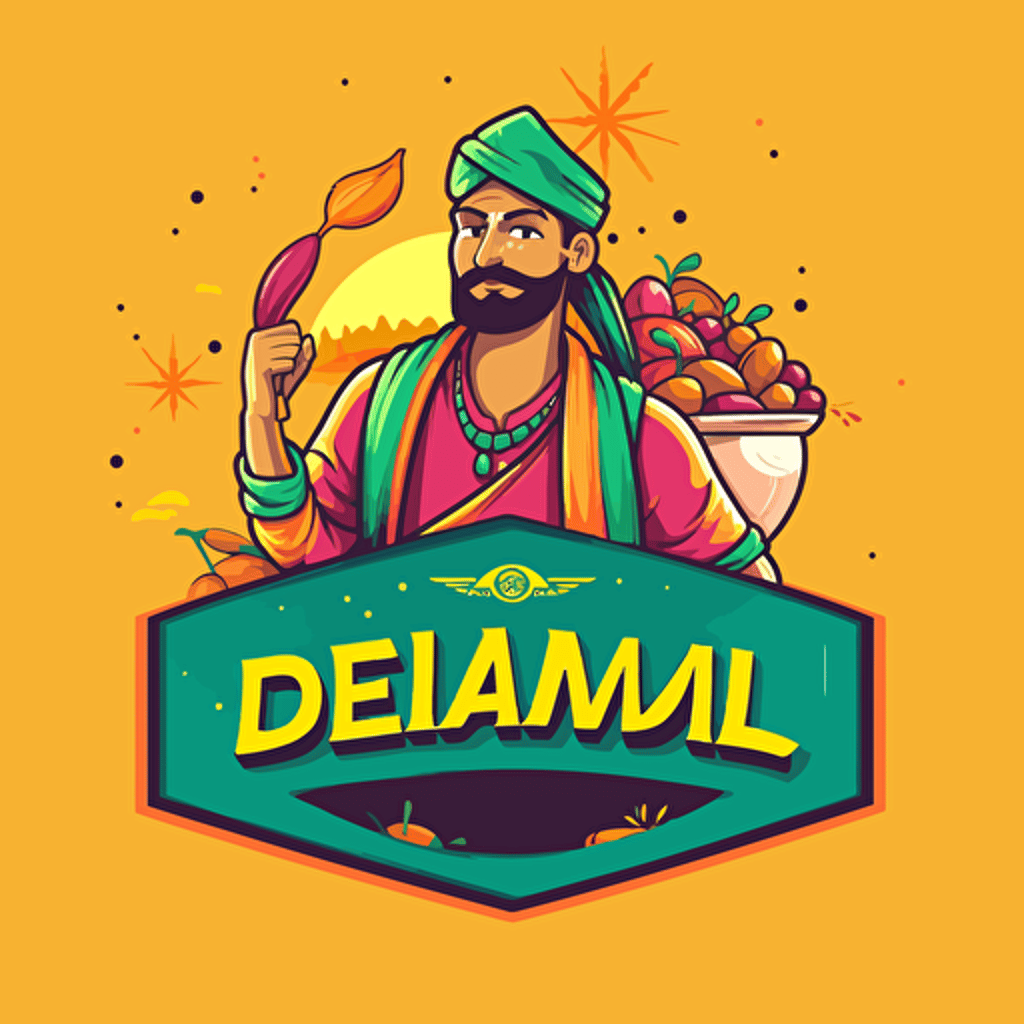 Design a logo with the name "Desi Dhamaal" for an indian street food brand depicting indian street food items, colorul, energetic logo, wordmark, Origial design, bollywood style font, vector