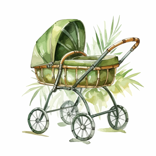 watercolor design of super cute bamboo baby pram, detailed, vector
