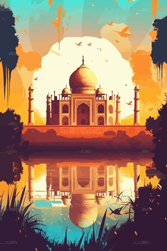 taj mahal, illustration, painting, bright lighting, sun in sky, front view, flat,vector