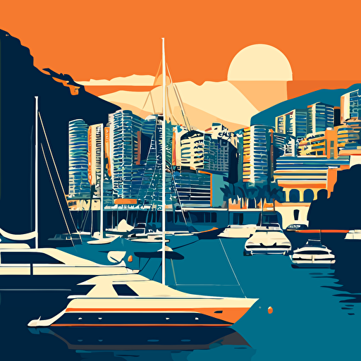 Simple vector drawing of Monaco, very uncluttered, using only blue and orange colours. There are yachts in the harbour. Only several buildings