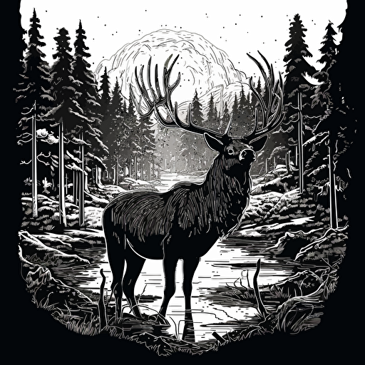 Elk drinking coffee dressed in hunting gear, black and white illustration, simple vector, white background ::woodcut style