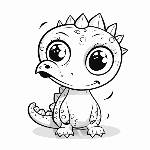 cute dino, big cute eyes, pixar style, simple outline and shapes, coloring page black and white comic book flat vector, white background