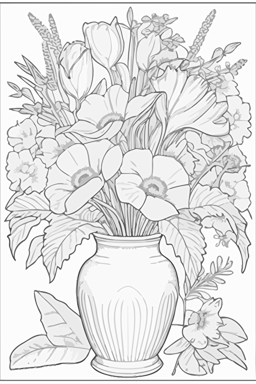 flat vector pdf image, coloring page, flower bouquet::1 color, shadow, captions boxes, text::-0.6