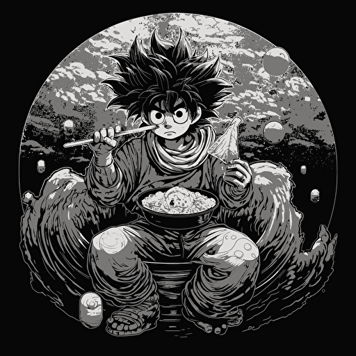 Goku vs Kirby ramen eating contest. Vector image. Drawing. High detailed. Black background.