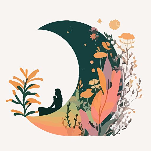 vector art of half moon and a fairy sitting with flower in the half moon simple flat