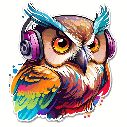 sticker, Happy Colorful Owl Wearing Headphone, Kwaii, vector, contour, white background
