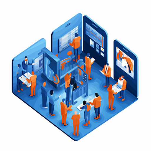 imagine flat vector icon, prisoners using tablet computers, blue and orange and white and darky gray, isometric