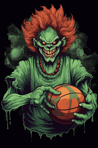 scary clown with green hair holding a basketball, dark background, vector style,