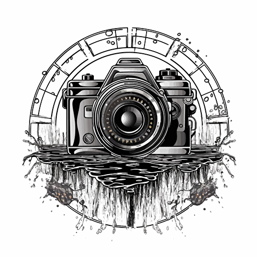 logo of old school film camera surrounded by water and ammo bullets, black vector, on whte background