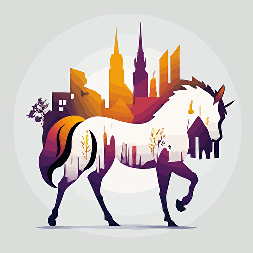 unicorn walking through the bad part of the city, vector logo, vector art, emblem, simple cartoon, 2d, no text, white background