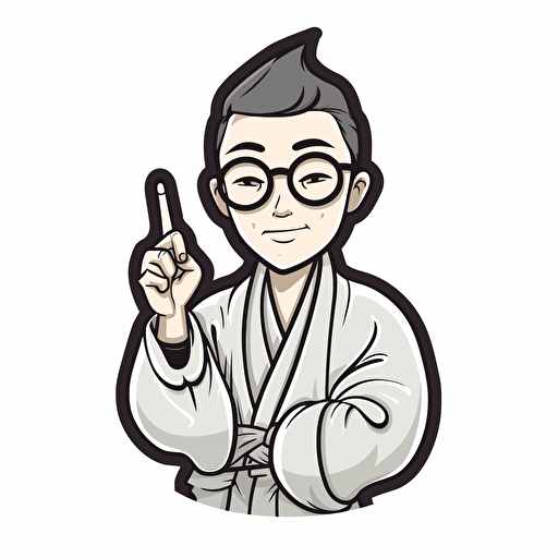 vector sticker, doodle, an asian guy waring black and white Taoist Robe and round black glasses, victory gesture, flat, white background, black outline, cartoon
