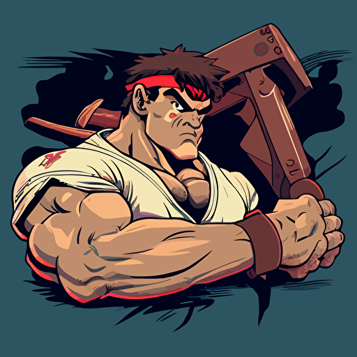 RYU from street fighter Nintendo game holding a jaws of life tool, intense look on face, vector art, cartoon, clean, American traditional style,