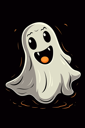 happy ghost, white on black background, cartoon style, flat vector