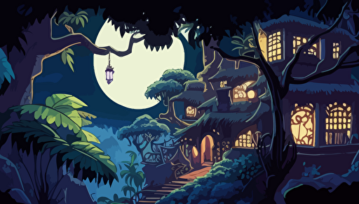 a panel from a Shōnen manga depicting a jungle treehouse village at night, cartoon style, crystal clear, magical scenery, moonlight, color pop, flat vector art, bright colors, high resolution