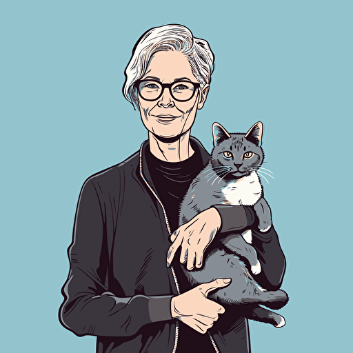 vector art style, 62 year old female tech executive, holding a cat, in the style of Micheal Parks