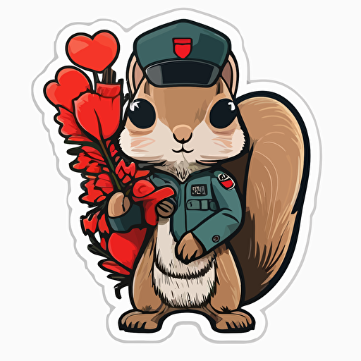 Squirrel in uniform outfit sticker, Kawaii, Clean Colors, Contour, Vector, love, heart, red flowers, White Background, in the style of die-cut stickers