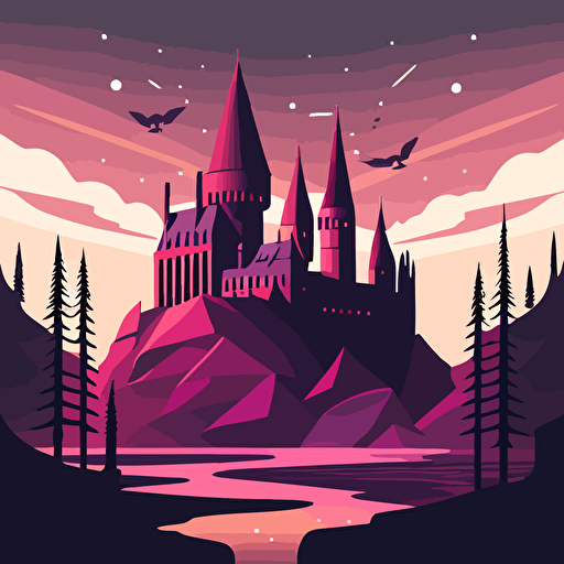 Flat vector art illustration, travel poster featuring, Hogwarts Castle, Pastel blues, purples, and pinks, Wide Angle, no text
