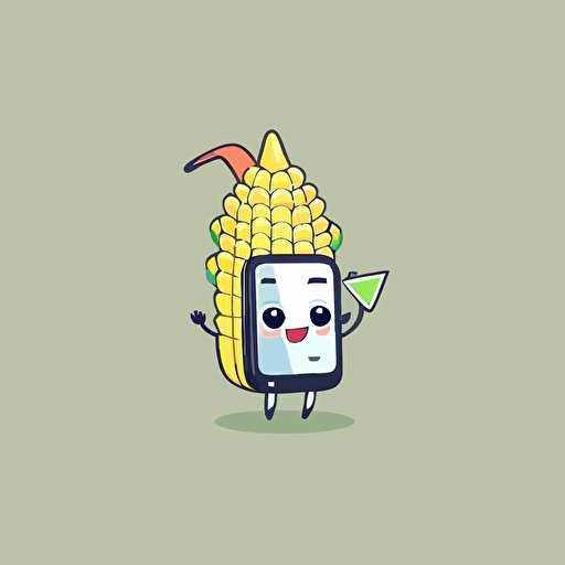 minimalistic flat vector logo of a futuristic cute cartoon corn holding a smartphone