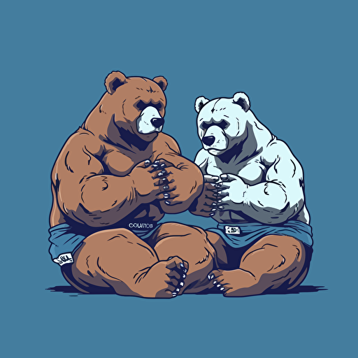 2 Bears wrestling. First Bear is layed out flat on the ground. Second Bear is standing slightly kneeling with one knee on First Bear's stomach, Both Bears wearing jiu jitsu clothes,, vector animation illustration, 4 colors limit, solid background, high resolution