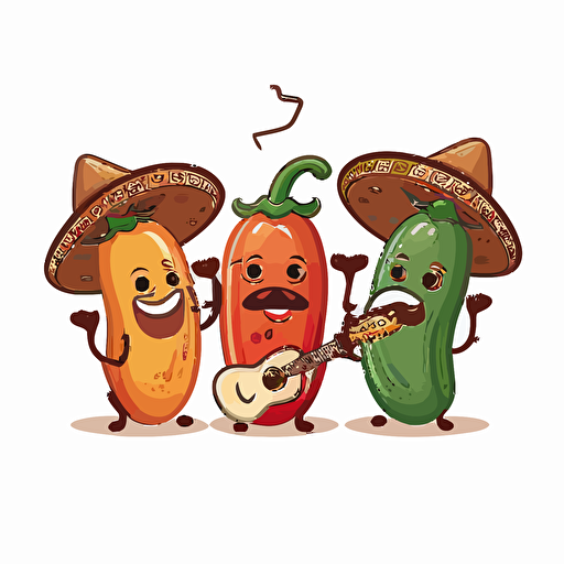 a cute smily chili peppers mariachi band, white background, cartoon style, vector style