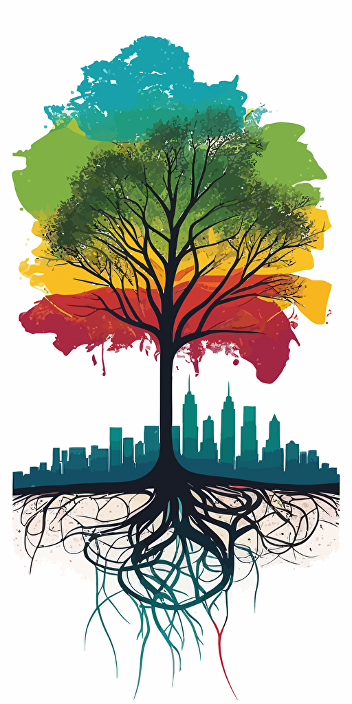 Stylized tree with roots and branches forming the shape of the Atlanta skyline, bright colors, vector style, white background