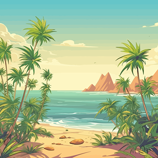 Weed Thailand cartoon background, only sea and palms, 2d, vector