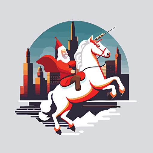 santa riding a unicorn in bad part of city, vector logo, vector art, emblem, simple cartoon, 2d, no text, white background