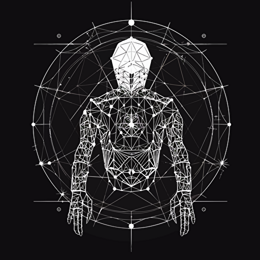 Sacred geometry, Banksy style, black background, large closed shapes, fantasy roboter, white space to fill, abstract, artistic, pen outline, white background, very simple, full field of view, centre, minimalistic logo vector art , simple flat vector logo