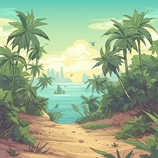 Weed Thailand cartoon background, only sea and palms, 2d, vector