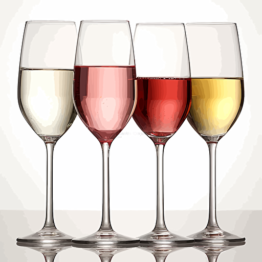 4 glasses of wine, red, white, rosè, sparkling, inline, vector, simple, no shade, no nuance colors, white background,