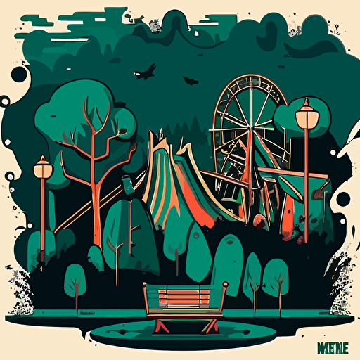 the scene is a errie 2d illustration in a wooded area, vacant, shrubs, trees, bushes, roses, empyt chair facing forward, a hill in the background by a city landscape, high dark gloomy clouds, broken carnival rides in the distance, vector logo, vector art, cartoon, in martiros saryan style and colors