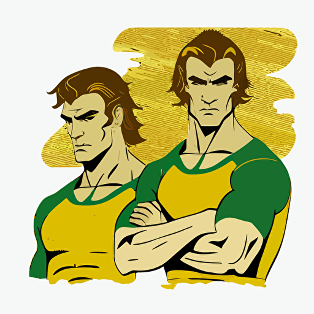 two brothers, Brozen Tundra, Siberia, looking tough,champions, wearing green and yellow, wearing an oblong brown football, sports logo style, white background, vector