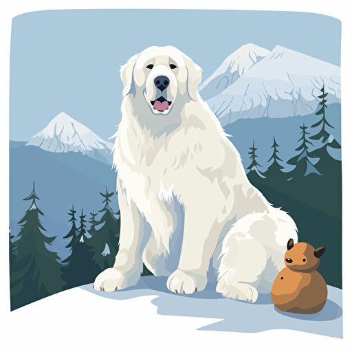 vector illustration of a Great Pyrenees sitting by a snowman on the side of a mountain