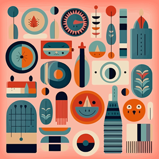 illustration colorful assorted wooden objects, scandinavian design, vectors, flat