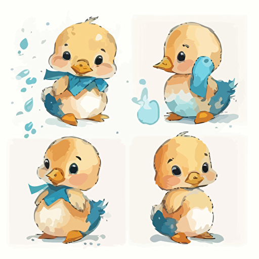 a cute baby duck, blue ribbon, poses, vector collection with white background, with margins, watercolor, cartoon kawaii picture book style