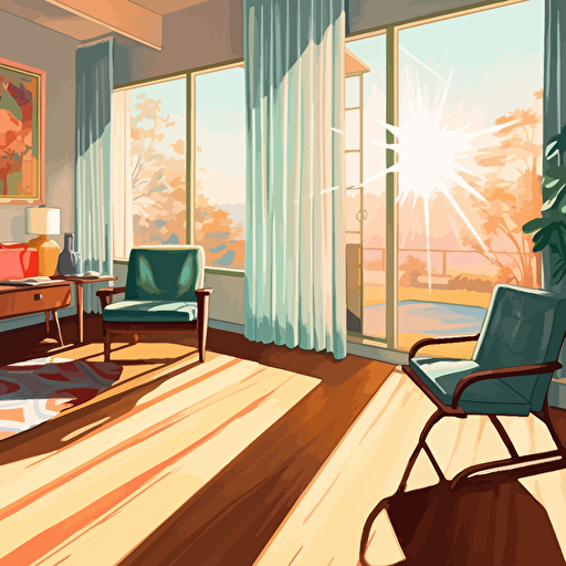 room, mid-century furniture, strong sunlight through window, vectorart